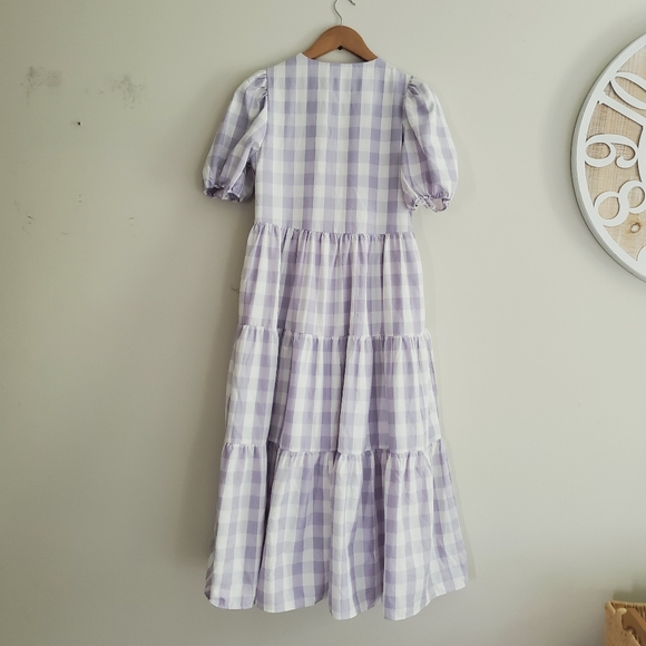 English Factory Gingham Tiered Puff Sleeve Midi Dress Lilac Lined - Picture 2 of 8